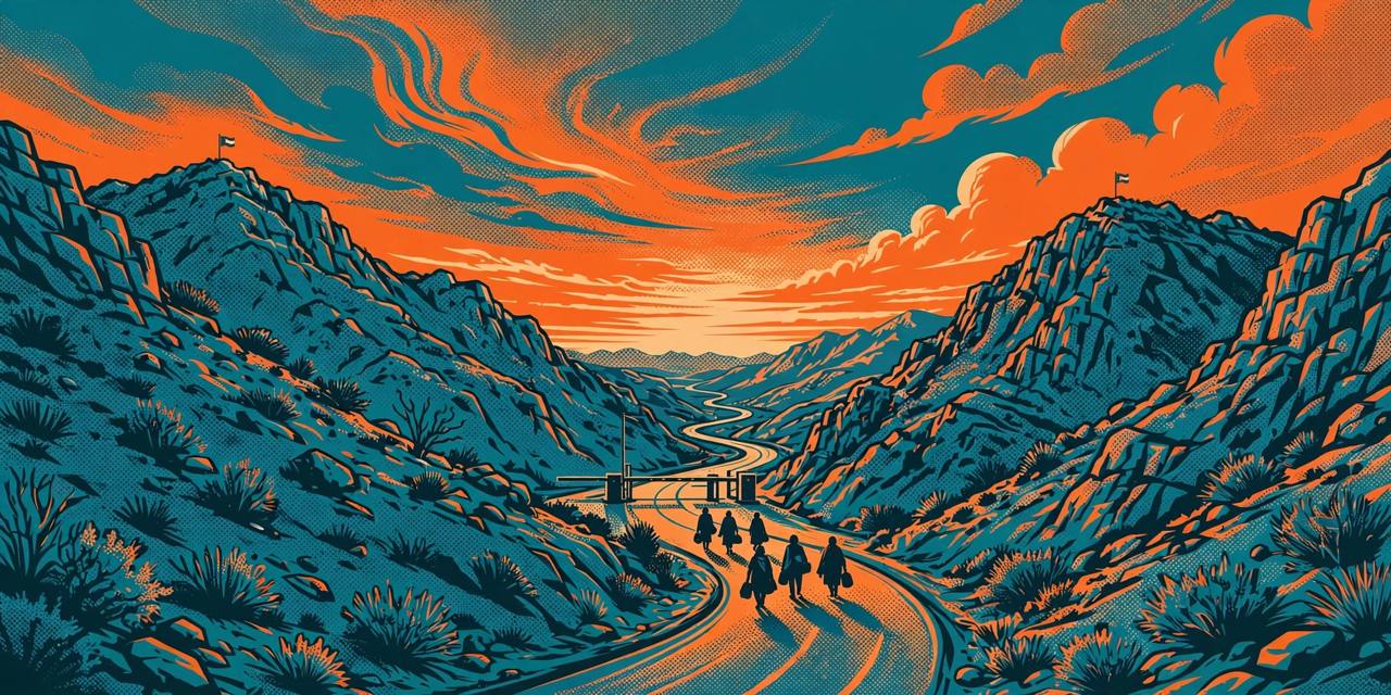 Editorial illustration of a rugged mountain border valley at dawn, with a closed checkpoint barrier on a winding road and generic silhouetted figures walking away with bags, no real person's likeness