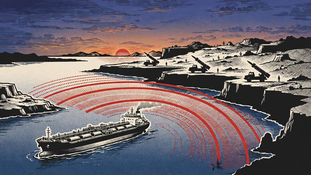 Editorial illustration of the Strait of Hormuz at dusk with an oil tanker, distant shore silhouettes and warning arcs over the sea — no real person depicted