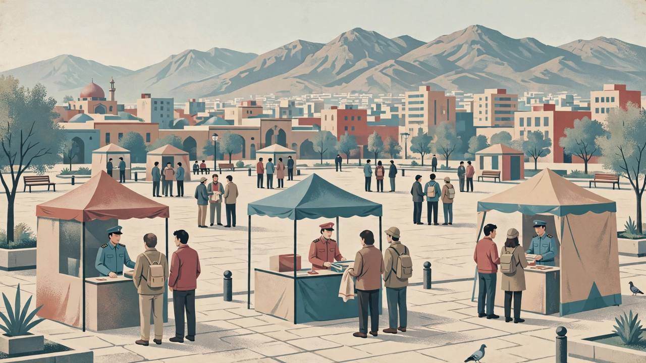 Editorial illustration of generic adult volunteers at training booths in a large city square in Iran, with a city skyline and mountains behind — flat style, no real person depicted