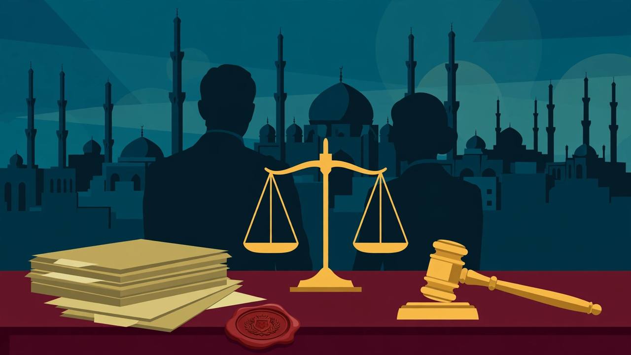 Editorial illustration of the scales of justice and a gavel before a generic Tehran skyline in silhouette, with official documents and a red wax seal in the foreground