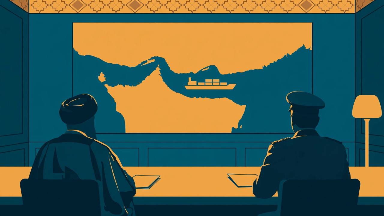 Editorial illustration of two generic officials seated at a table with a stylised Strait of Hormuz map and a tanker behind them