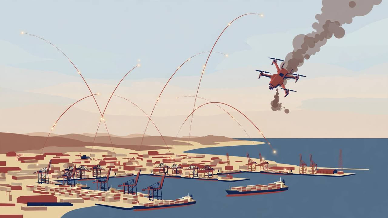 Editorial illustration of a generic uncrewed drone falling in smoke over a generic port city on the Strait of Hormuz at dawn, with harbour cranes and cargo ships below