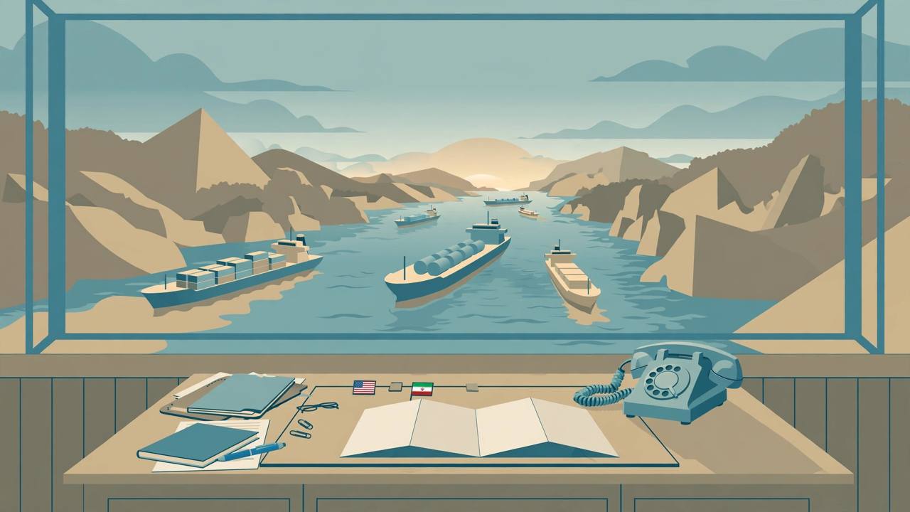 Editorial illustration of cargo ships passing through a narrow strait at dawn, with a diplomat's desk, an open letter and a telephone in the foreground
