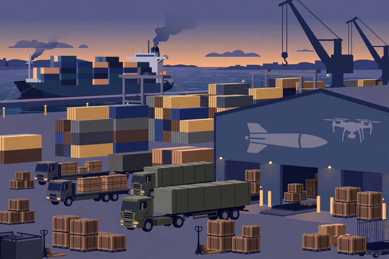 Flat editorial illustration of a cargo port with a container ship, stacked containers, heavy-duty trucks in a customs yard and sealed crates, with stylised missile and drone silhouettes on a warehouse wall