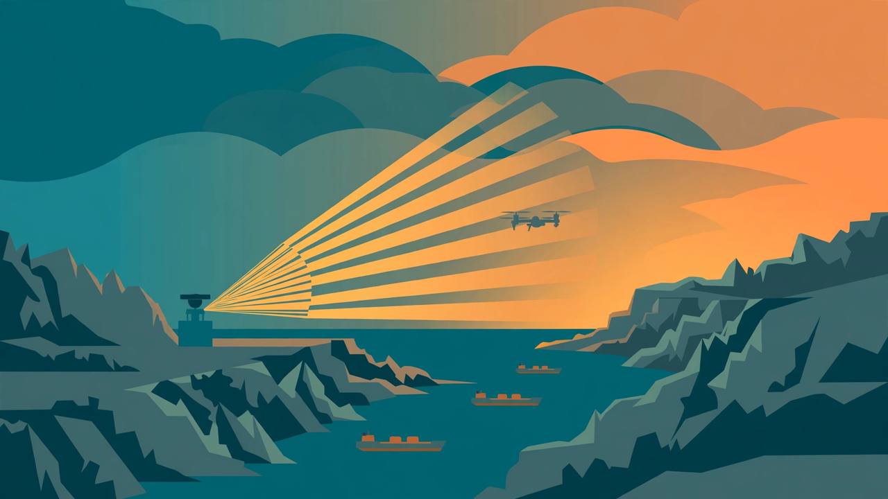 Flat editorial illustration of a small drone over a narrow sea strait at dusk, lit by a coastal radar sweep, with tanker ships below