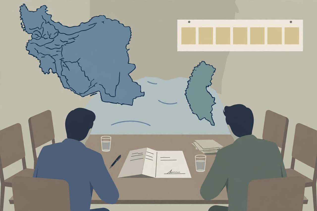 Editorial illustration of a diplomatic negotiation table with an unsigned draft document and maps of Iran and the Gulf
