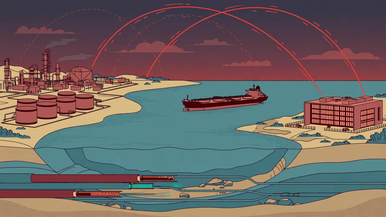 Editorial illustration of a Gulf coastline at dusk with oil tanks, a tanker, undersea cables in cross-section and a data centre on the far shore — no real person depicted