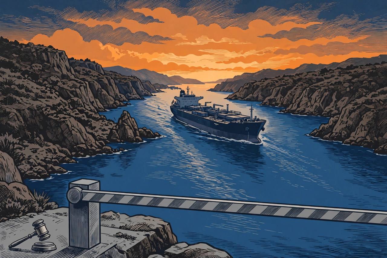 Editorial illustration of an oil tanker passing through a narrow strait at dusk with a checkpoint barrier in the foreground