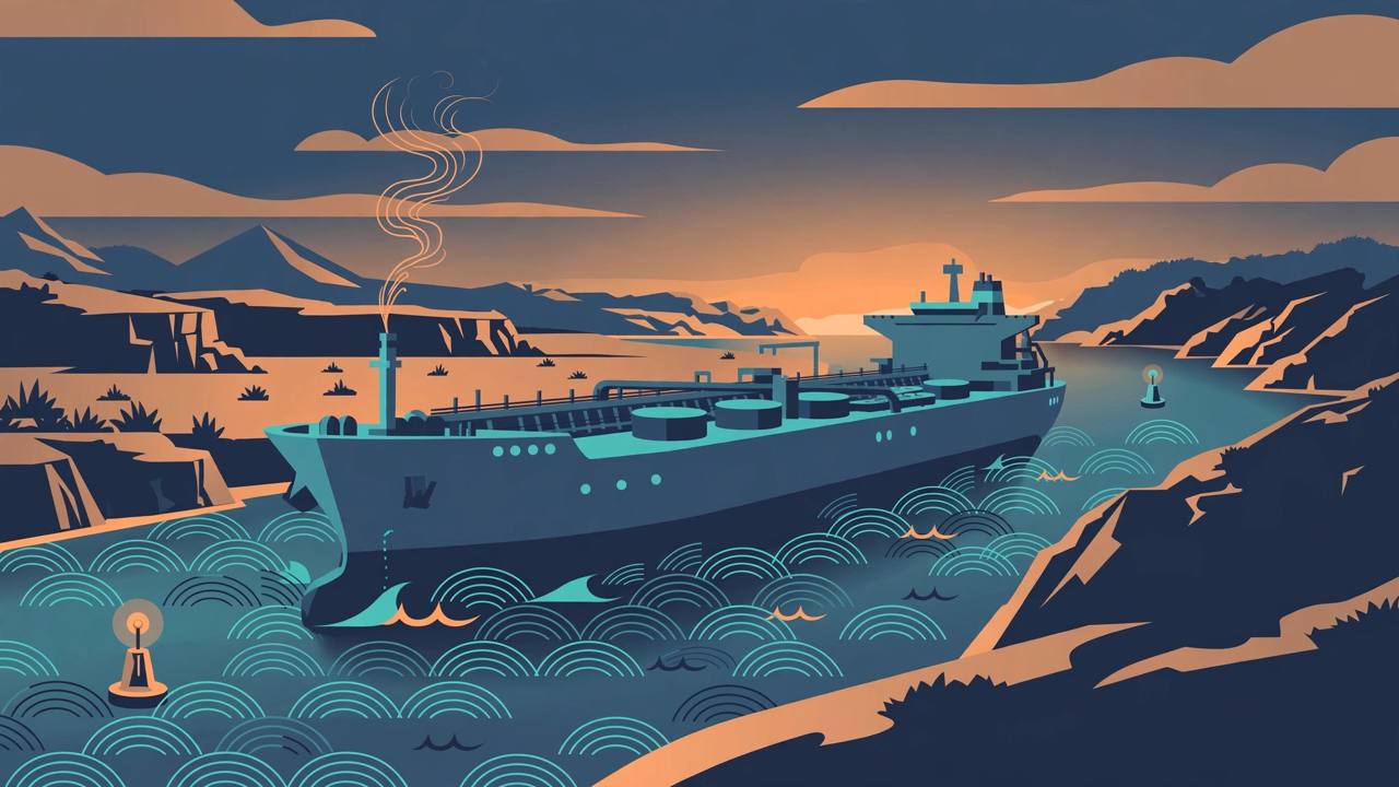 Editorial illustration of a generic oil tanker with smoke rising from its bow near a narrow strait at dusk