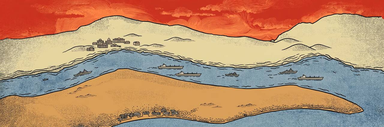 Editorial illustration of a stylised Strait of Hormuz coastline with generic naval ships and tankers under a tense dusk sky, flat style, no text, no real person depicted