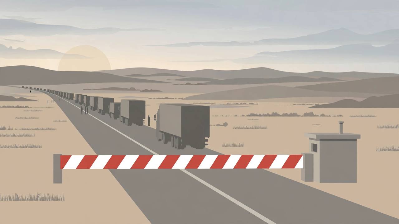 Editorial illustration of a desert border checkpoint at dawn with a closed red-and-white barrier across a highway, a small guard post and a line of trucks waiting in the distance, flat editorial style, no text, generic distant figures only