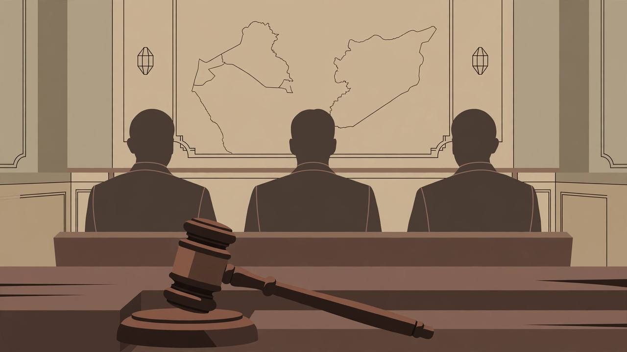 Editorial illustration of a courtroom gavel in the foreground with three silhouetted defendants seen from behind and outline maps of Iraq and Syria on the wall