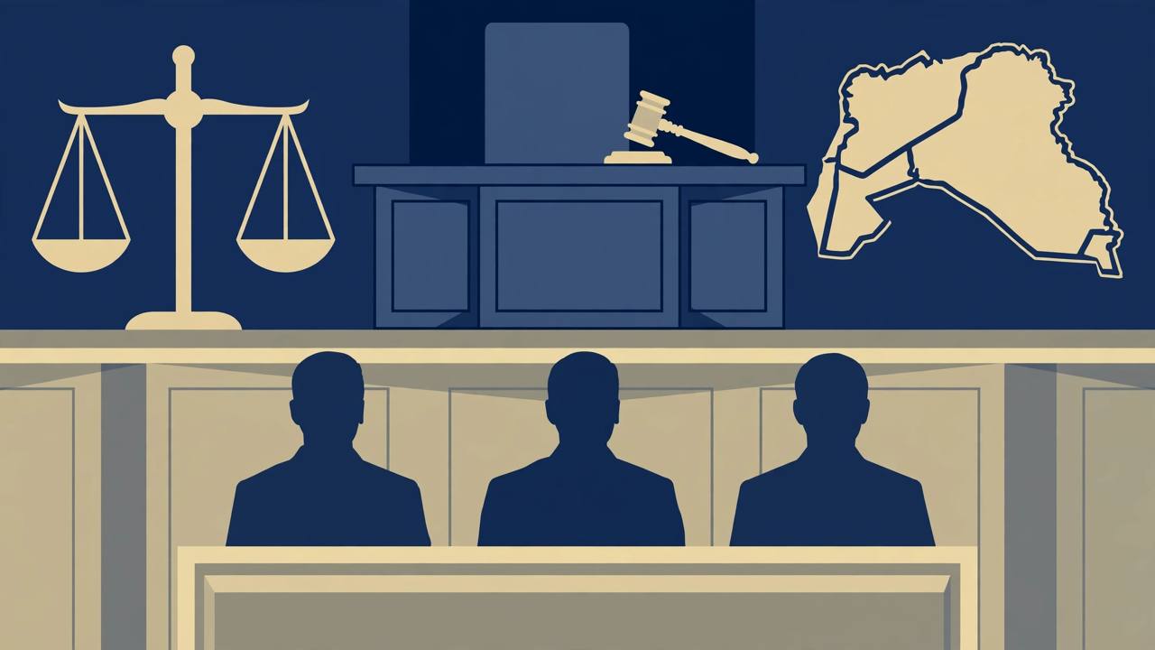 Editorial illustration of a generic courtroom bench and gavel with silhouetted defendants from behind and a map outline of Iraq and Syria