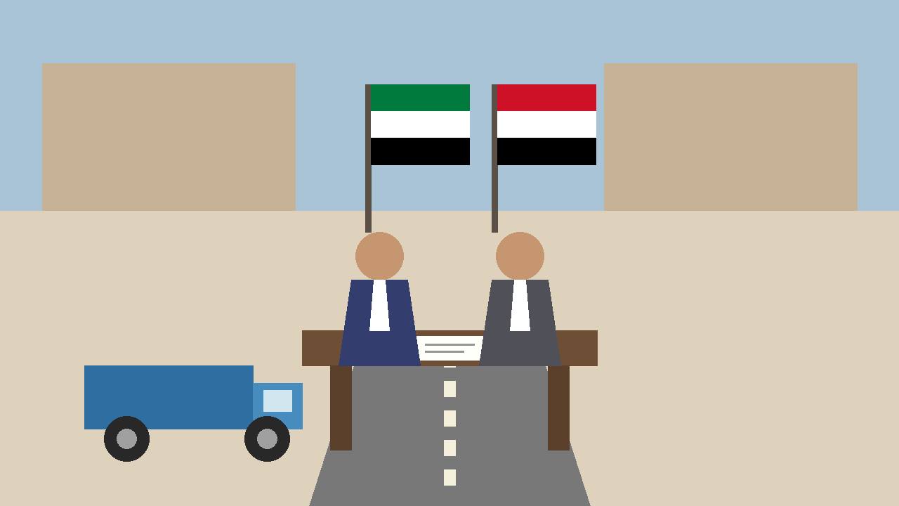 Editorial illustration of two generic officials signing an agreement at a table, with a trade truck and road behind them
