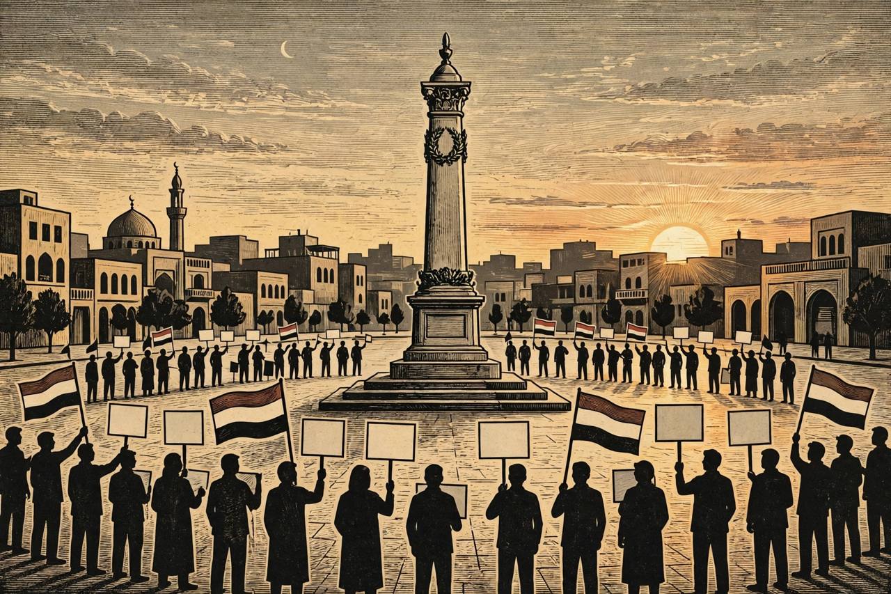 Editorial illustration of a generic Baghdad city square at dusk with silhouetted demonstrators holding plain Iraqi flags and blank placards around a generic monument - flat style, no real person shown