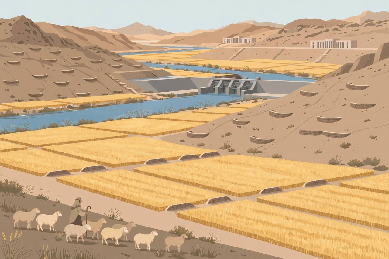 Editorial illustration of a wide river valley in a dry Mesopotamian landscape with a new concrete dam, small rainwater harvesting barriers, wheat fields and a herder with sheep — flat style, no real person depicted