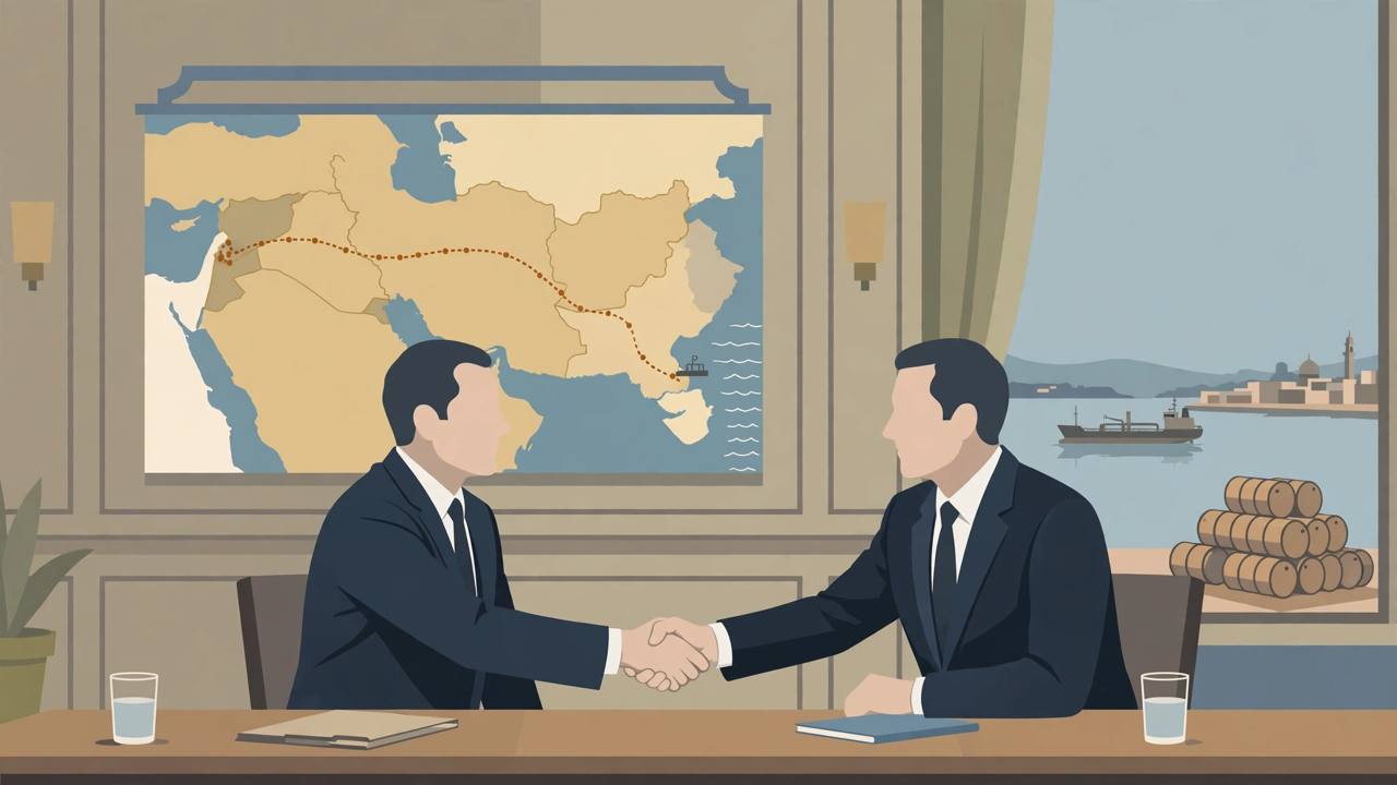 Editorial illustration of two officials shaking hands at a table in front of a map showing an oil pipeline route to a Mediterranean port