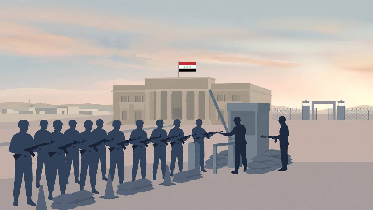 Editorial illustration of a government building in Baghdad with generic silhouetted soldiers handing in rifles at a checkpoint — flat style, no real person depicted