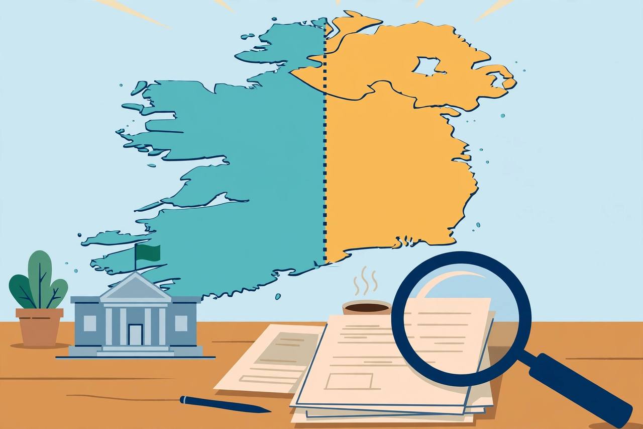 A stylised map of the island of Ireland with a dotted border, in a flat editorial scene. (Editorial illustration)