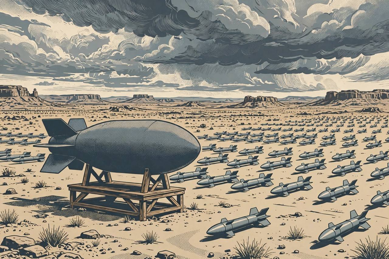 Editorial illustration of a generic large aerial bomb on a display stand before rows of generic missiles in a desert landscape, flat style, no text, no real person depicted