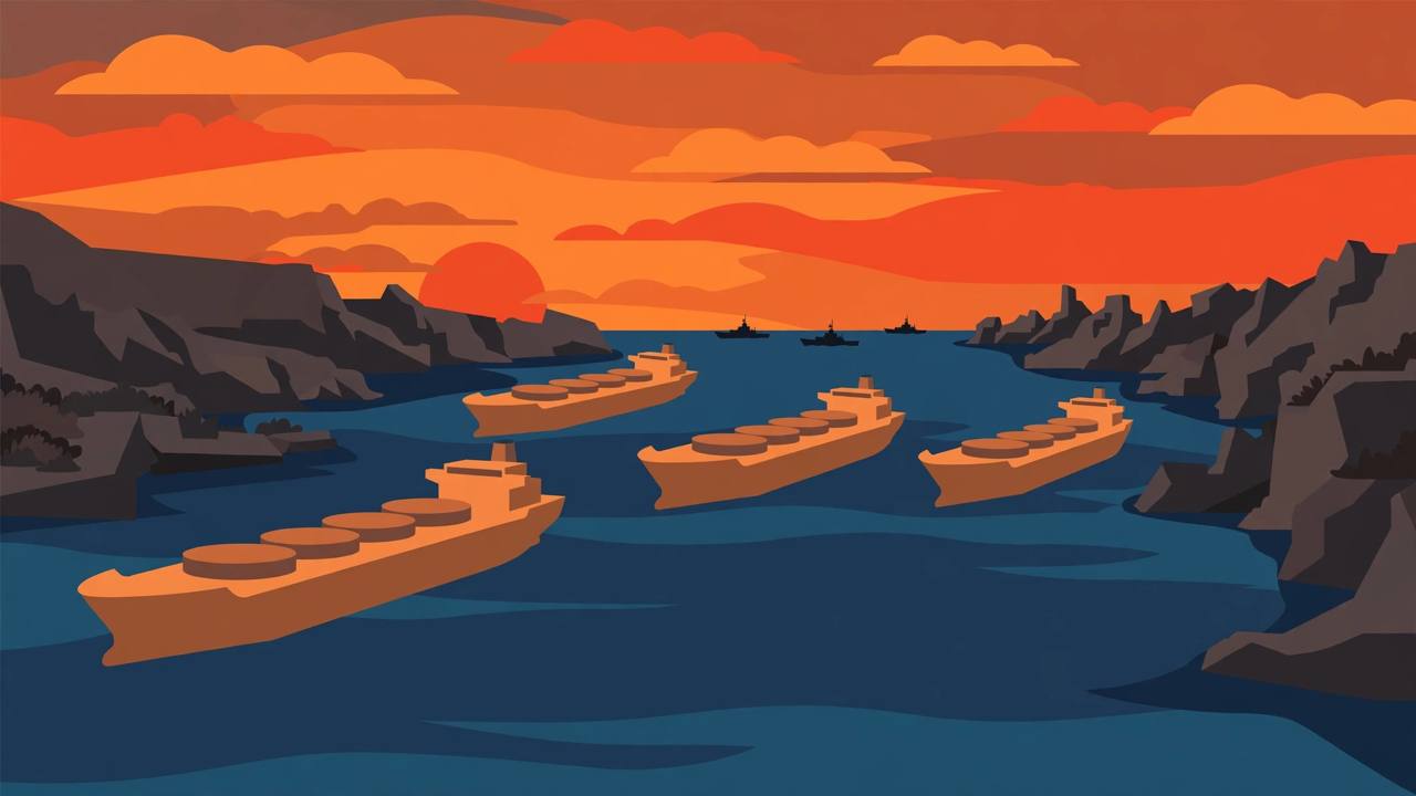 Editorial illustration of generic oil tankers crossing a narrow strait at sunset with distant patrol-boat silhouettes, flat style, no text, no real person or vessel depicted