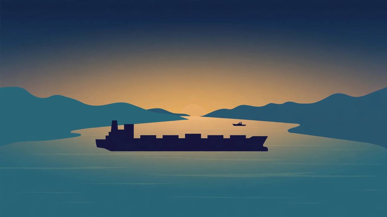 Editorial illustration of a generic oil tanker on a calm Persian Gulf shipping lane near a narrow strait at dusk, no incident shown