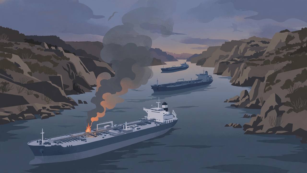 Editorial illustration of three oil tankers in a narrow rocky strait, the nearest with a small fire and smoke on deck