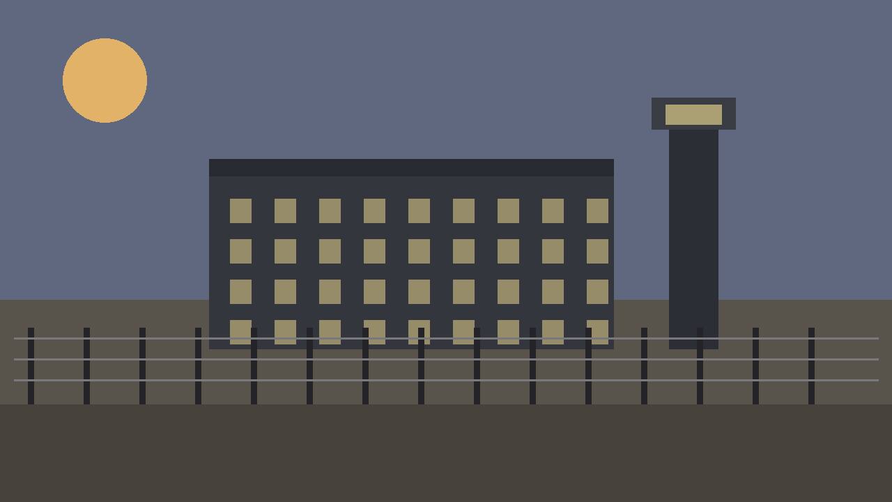 Editorial illustration of a generic detention facility exterior at dawn — no real place, person or incident depicted