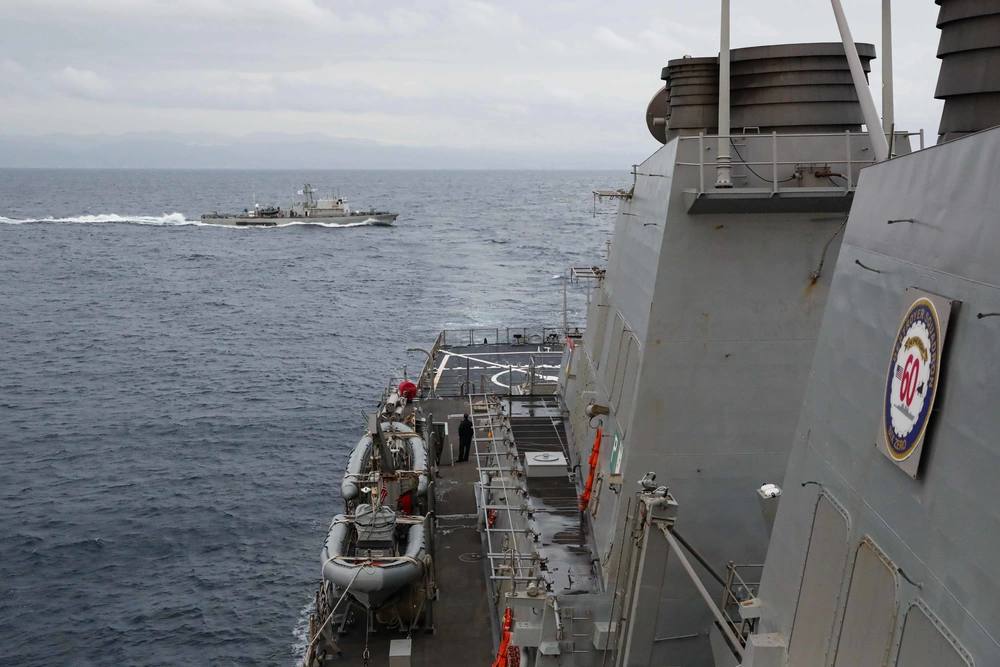 A Cypriot navy patrol vessel at sea during manoeuvres with a US Navy ship, file photo