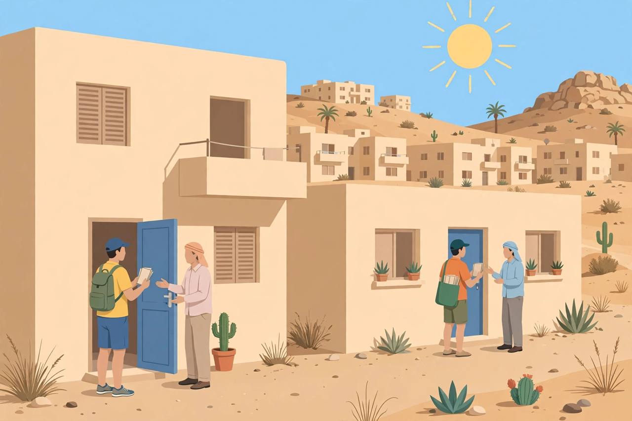 Editorial illustration of volunteers knocking on doors in a Negev desert town during an election campaign