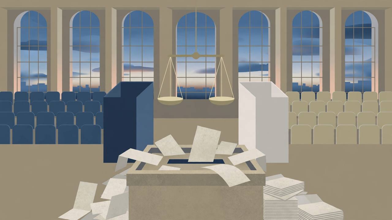 Editorial illustration of a ballot box and two opposing podiums in a parliament chamber with 120 seats split evenly and a level balance scale