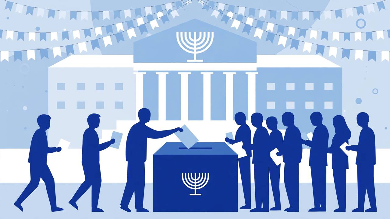 Editorial illustration of generic voters placing ballots into a ballot box in front of a stylised parliament building in Israel