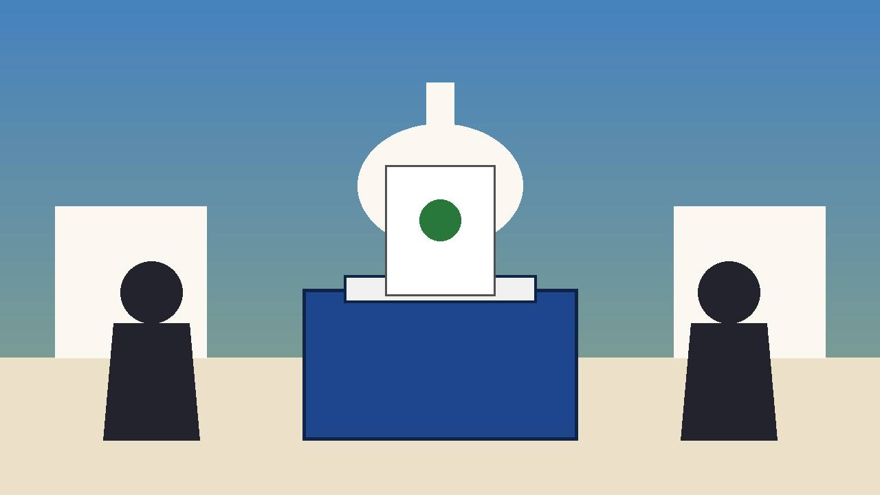 Editorial illustration of generic voters and a ballot box in front of a generic skyline — no real place, person or incident depicted