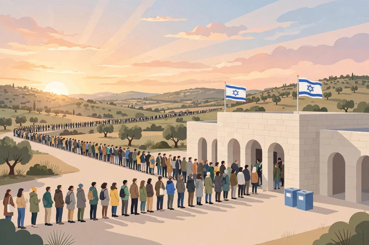 Editorial illustration of long queues of generic voters outside a polling station in Israel at sunrise