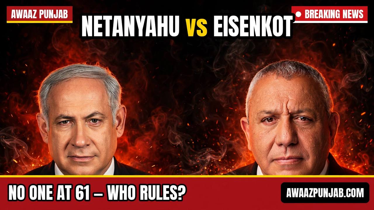 Branded Awaaz Punjab thumbnail: Benjamin Netanyahu and Gadi Eisenkot face off over the headline 'No one at 61 - who rules?'