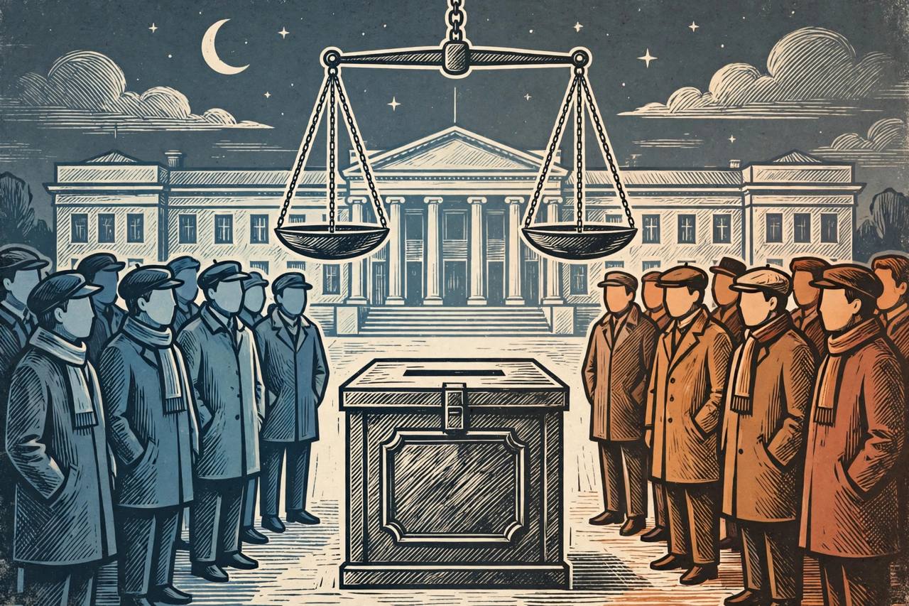 Editorial illustration of a ballot box in front of a generic parliament building, with two groups of generic faceless voters on either side and a perfectly balanced scale above - flat style, no real person shown