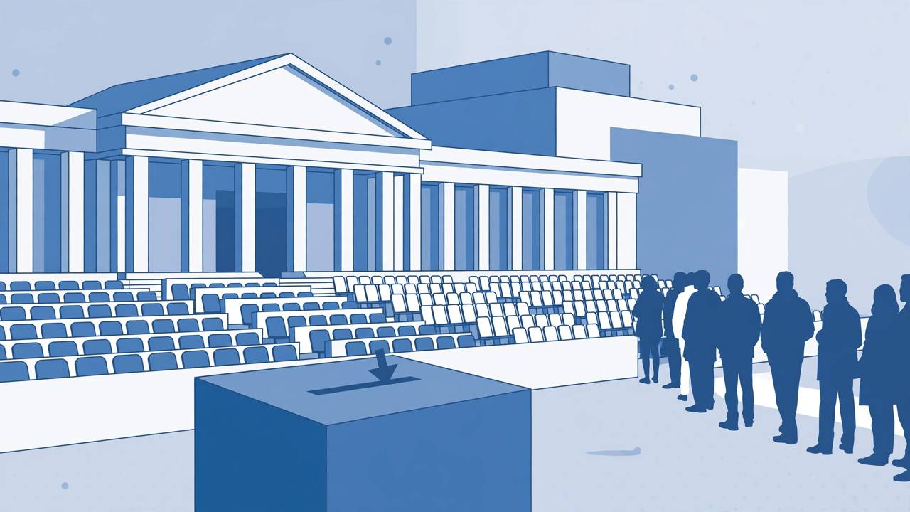 Editorial illustration of a stylised parliament chamber and a generic ballot box with silhouetted voters, generic figures only