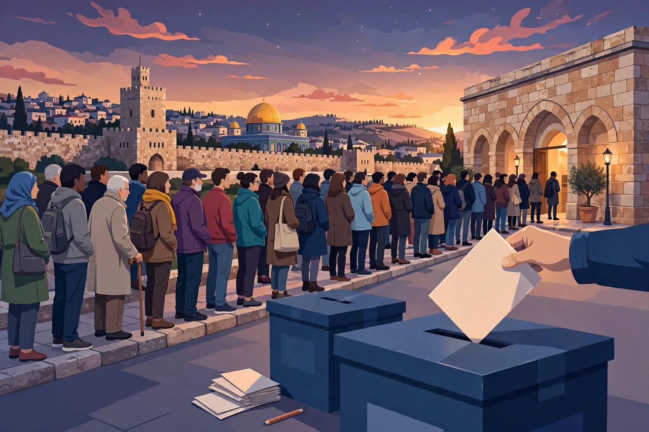 Voters queue outside a polling station in Jerusalem as a ballot is cast (editorial illustration)