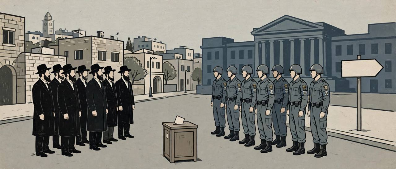 Editorial illustration of ultra-Orthodox men in black coats and hats facing military police in an Israeli city street, with a ballot box and parliament silhouette behind them