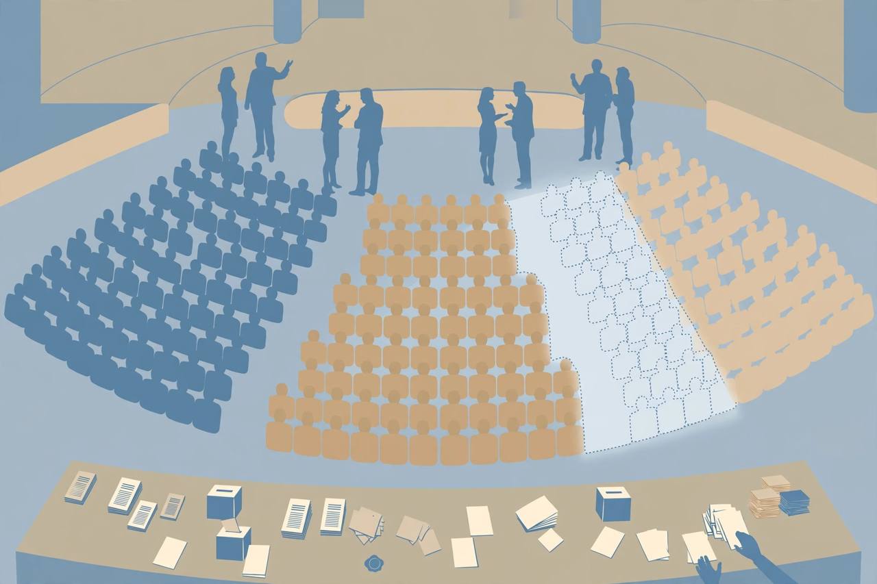 Editorial illustration of a parliament chamber with seat blocks of 53, 48 and 19 and a gap short of the 61-seat majority line, generic figures only, no real person depicted