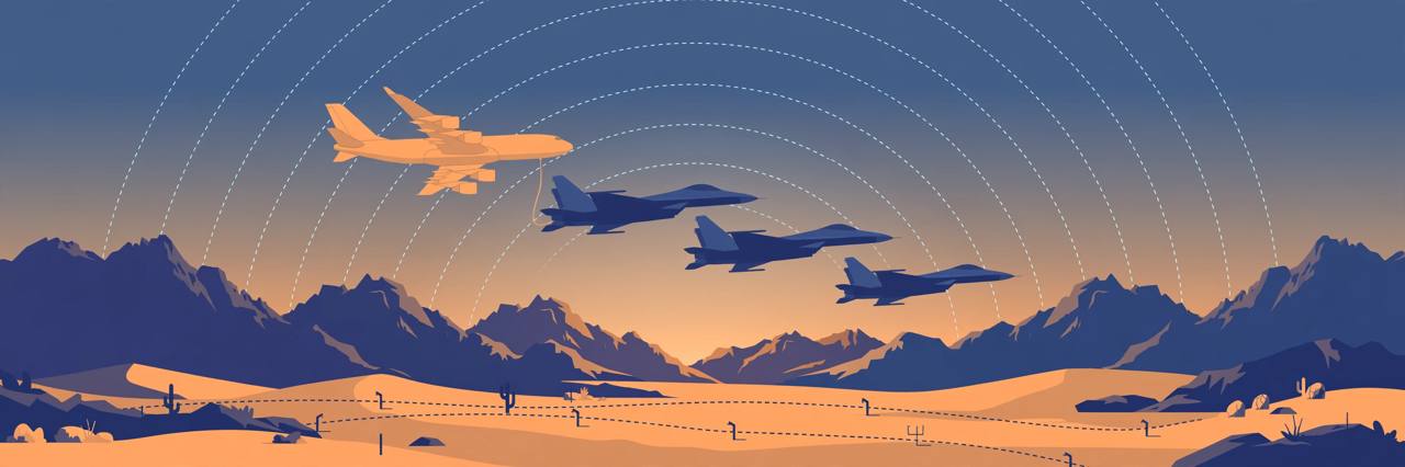 Editorial illustration of generic fighter jets in formation with a refuelling aircraft over a desert border landscape at dusk, flat style, no text, no real person depicted