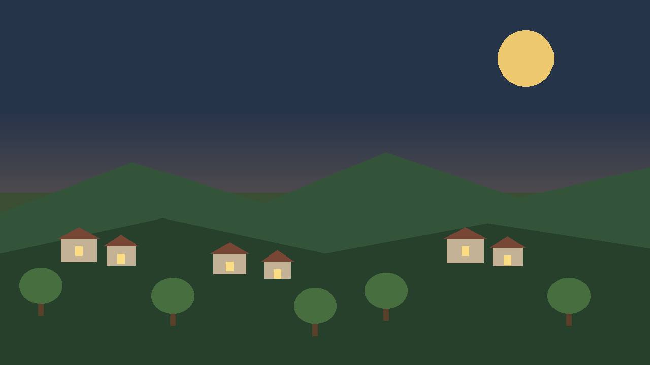 Editorial illustration of a generic southern Lebanon hillside village at dusk, with olive trees and houses, no people or incident shown
