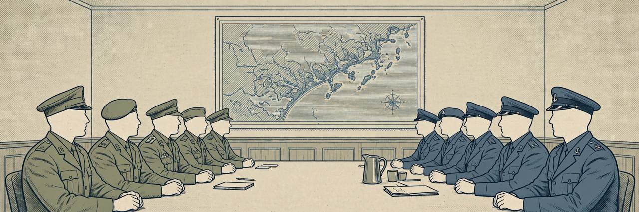 Editorial illustration of Israeli and Lebanese military delegations seated opposite each other at a conference table with a coastal map on the wall