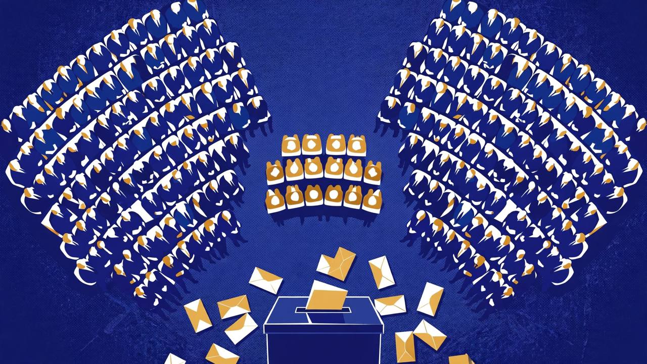 Editorial illustration of a parliament chamber with two large blocs of seats facing each other, a smaller group of seats in the middle holding the balance, and a ballot box with paper ballot envelopes in the foreground