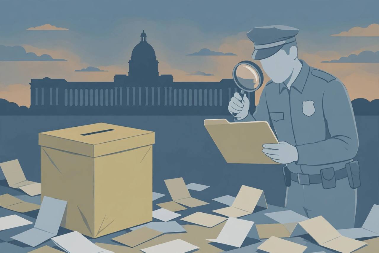 Editorial illustration of a ballot box and paper ballots with a generic police officer examining an empty evidence folder in front of a parliament building