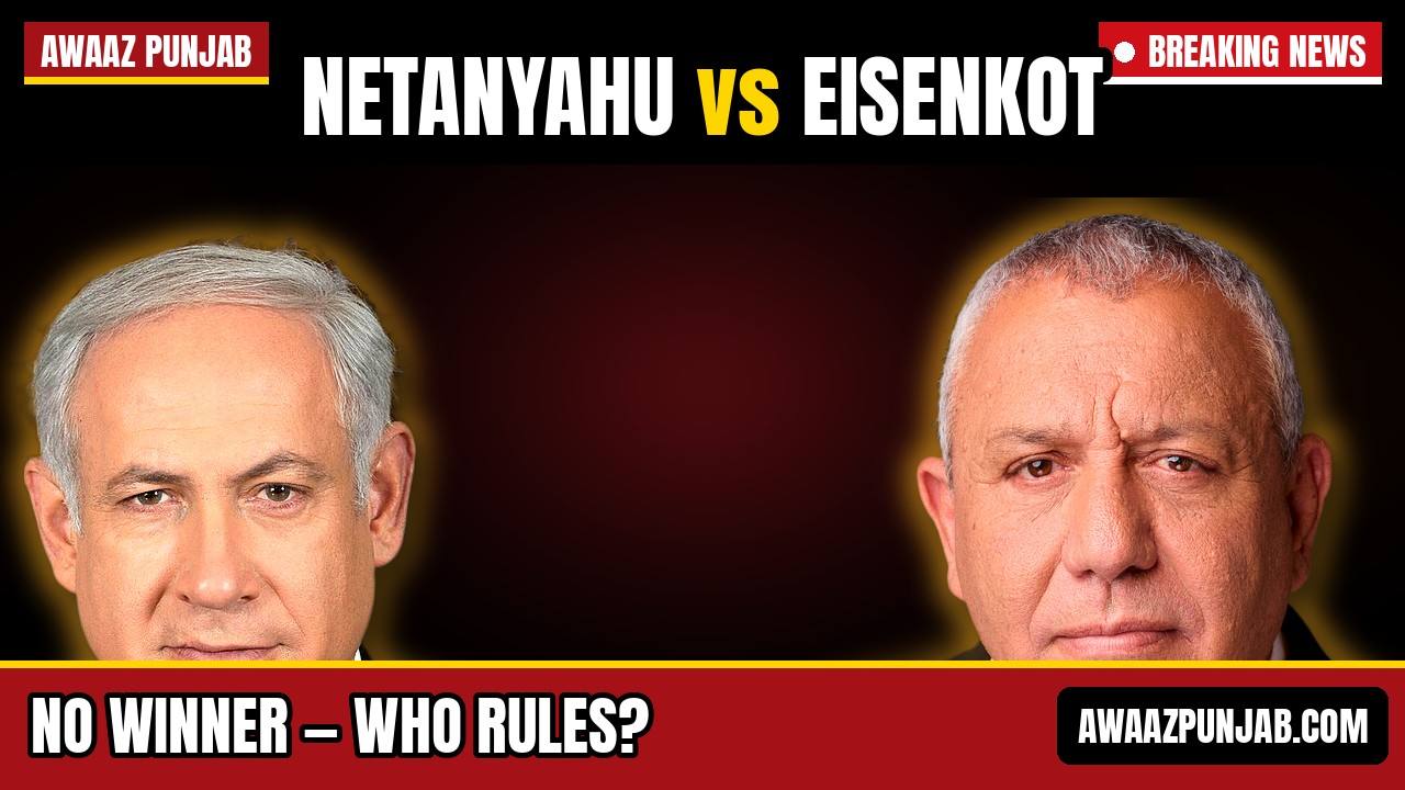 Branded thumbnail with real-photo cut-outs of Benjamin Netanyahu and Gadi Eisenkot facing off, headline Netanyahu vs Eisenkot