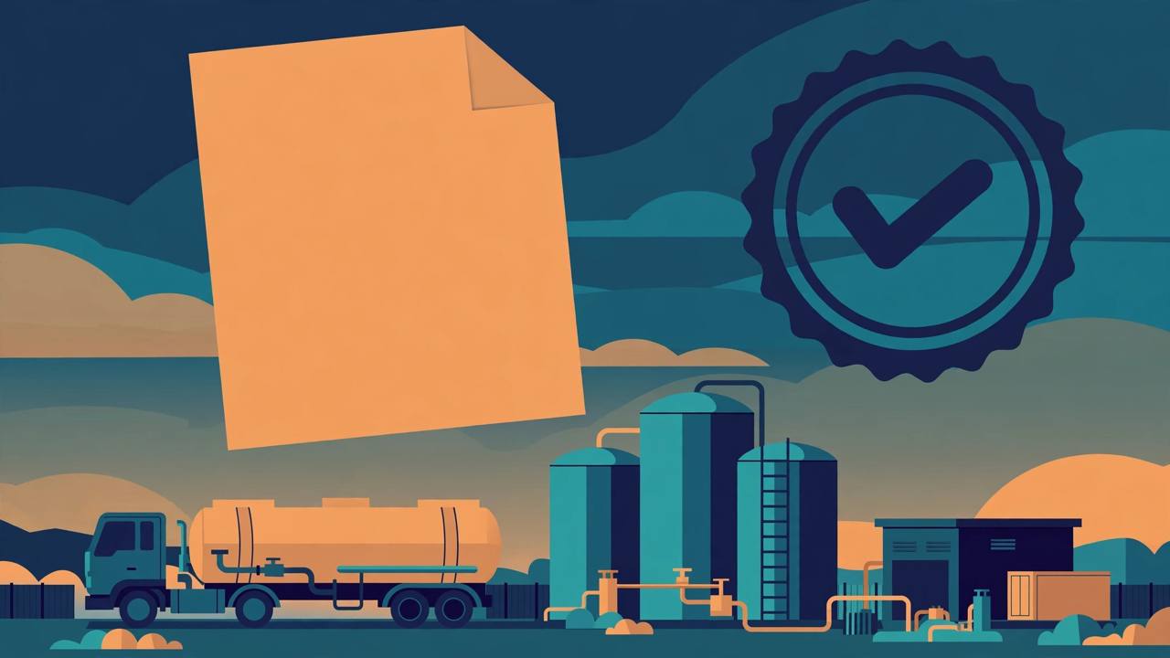 Editorial illustration of a fuel tanker and storage tanks at a depot at dusk, with an official document and stamp motif in the sky — no real place or person depicted