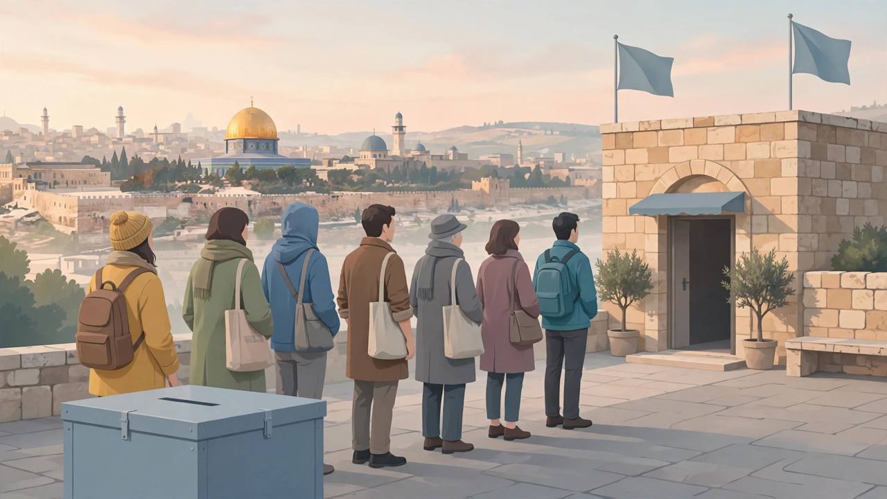 Editorial illustration of generic voters queuing at a polling station in Jerusalem with a ballot box in the foreground
