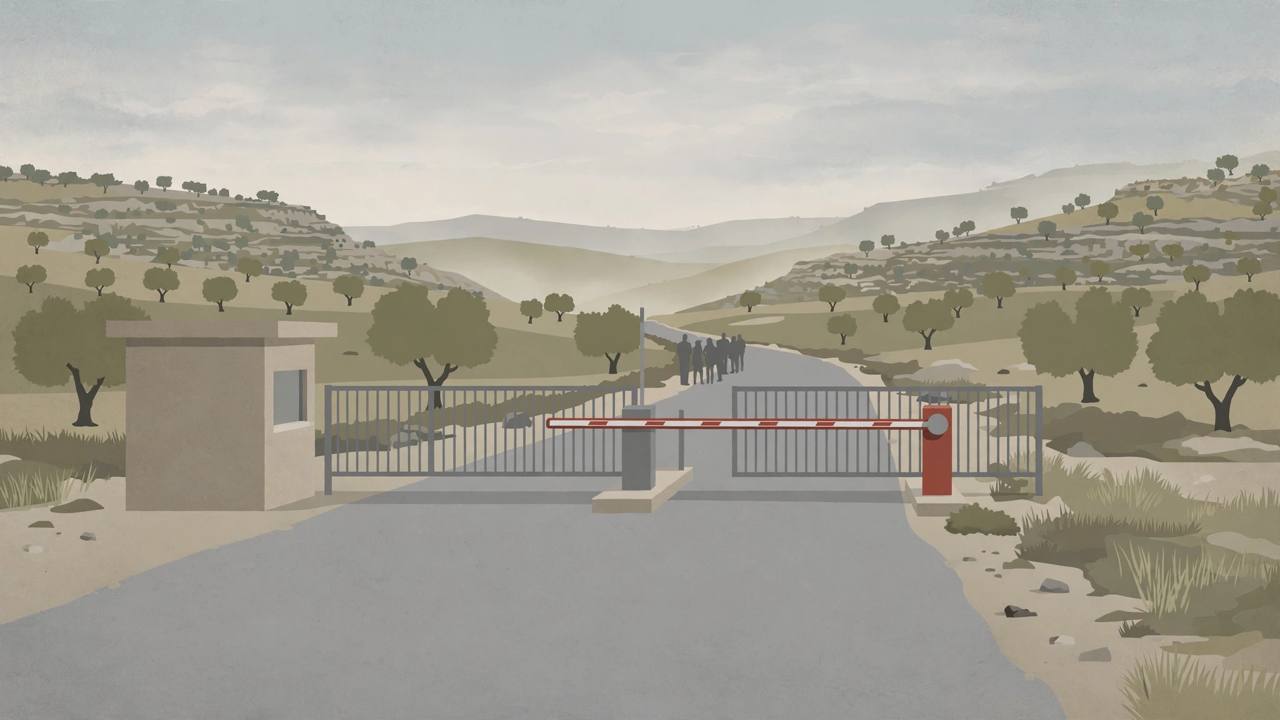 Editorial illustration of a closed crossing gate and lowered barrier on an empty road in a dry West Bank landscape at dawn — flat style, generic figures only, no real person and no incident depicted