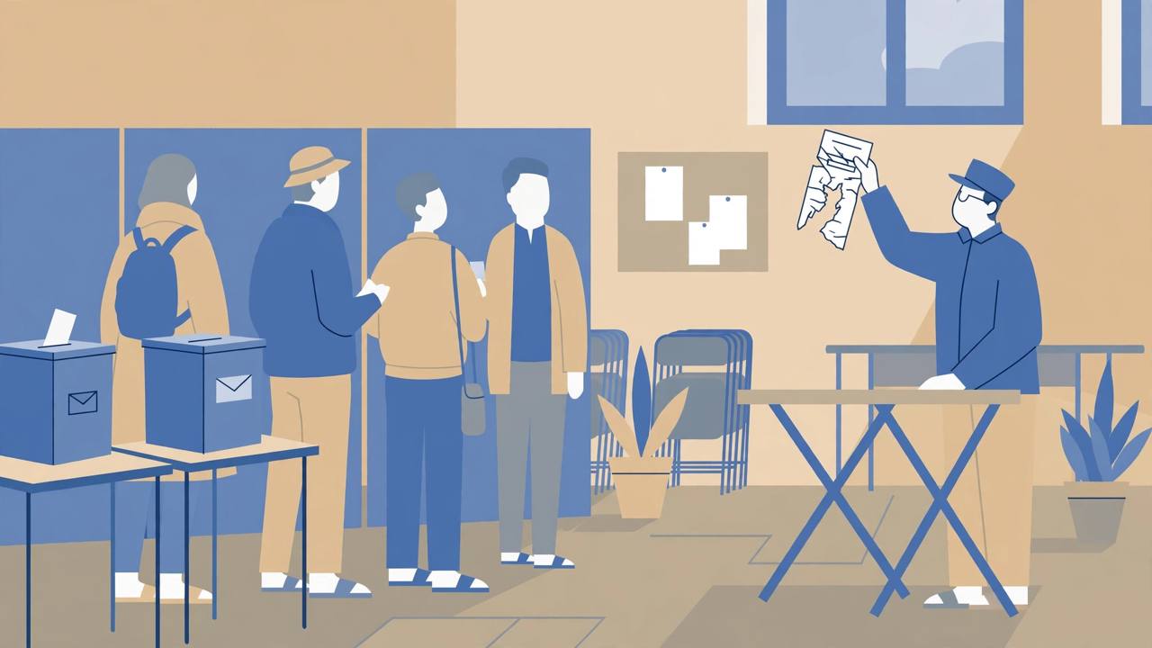 Editorial illustration of a generic polling station with voters queuing at ballot boxes and an official holding a damaged paper ballot slip